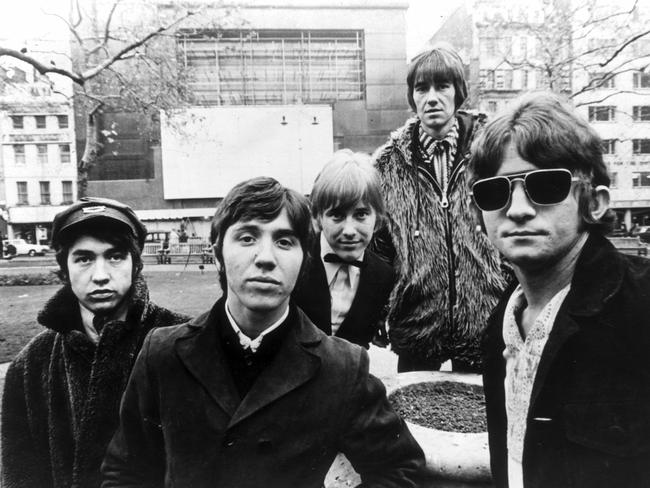 Stevie Wright with drummer Gordon |Snowy| Henry Fleet, rhythm guitarist George Young, lead guitarist Harry Vanda and bassist Dick Diamonde in 1968.