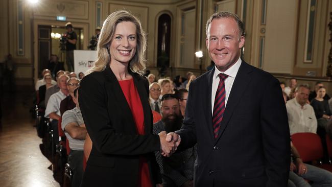 Opposition Leader Rebecca White and Premier Will Hodgman in the Mercury/Sky News People’s Forum at the Hobart Town Hall on Wednesday night. Picture: RICHARD JUPE