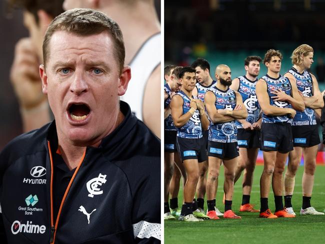 Carlton is not in a good place. Photo: Cameron Spencer and Michael Willson/AFL Photos via Getty Images.