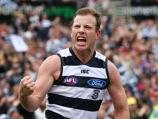 AFL Round 23 - Geelong v Adelaide at Simonds Stadium , Steve Johnson celebrate's a goal. Geelong.  5th August 2015. Picture: Colleen Petch.