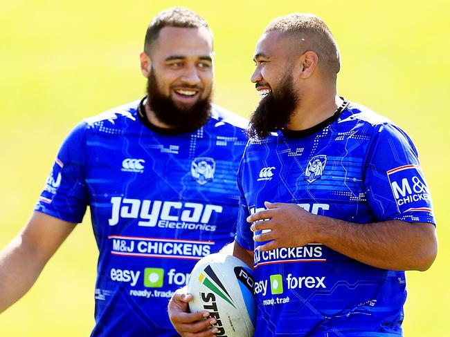 Sam Kasiano and Frank Pritchard at Canterbury Bulldogs training at Belmore Sports Ground. pic Mark Evans