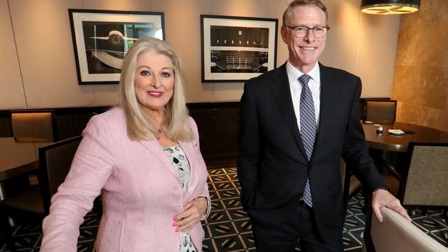 Crown Resorts new Chair Helen Coonan with new CEO Ken Barton in the Crystal Club at Crown, Melbourne. Picture: David Geraghty.