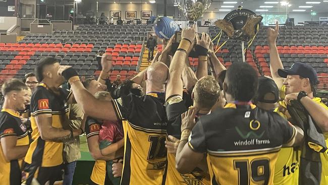 Gatton Hawks celebrate winning the 2024 Toowoomba Rugby League grand final.