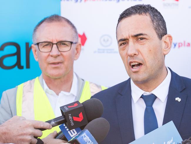 Premier Jay Weatherill and Treasurer Tom Koutsantonis speak to the media in Port Pirie. Picture: Matt Loxton