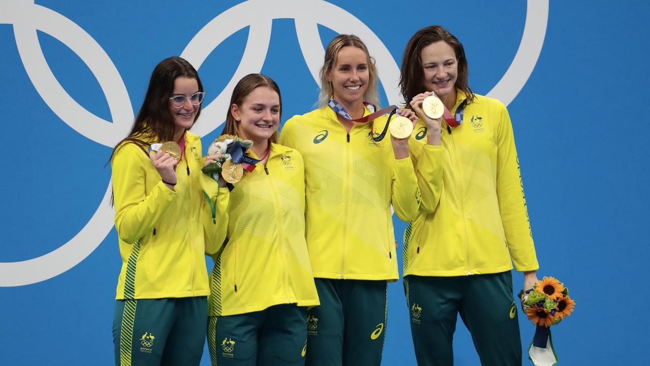 TOKYO, JAPAN - AUGUST 01: Gold medalist Kaylee McKeown, Chelsea Hodges Emma McKeon and Cate Campbell of Team Australia pose on the podium during the medal ceremony for the Women's 4 x 100m Medley Relay Final on day nine of the Tokyo 2020 Olympic Games at Tokyo Aquatics Centre on August 01, 2021 in Tokyo, Japan. (Photo by Xavier Laine/Getty Images)
