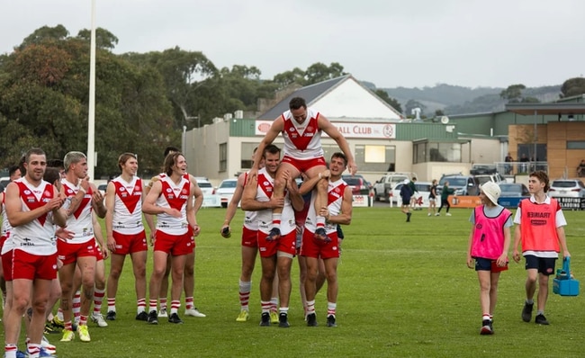 Haskett chaired off after his 250th game for Willunga last season. Picture: Willunga Football Club