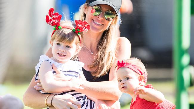 David Warner’s wife Candice Falzon and daughters Ivy (left) and Indi. Picture: Stuart Walmsley