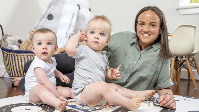 AFLW star Daisy Pearce is back playing footy after a year off with twins Sylvie and Roy. Picture: Tim Carrafa