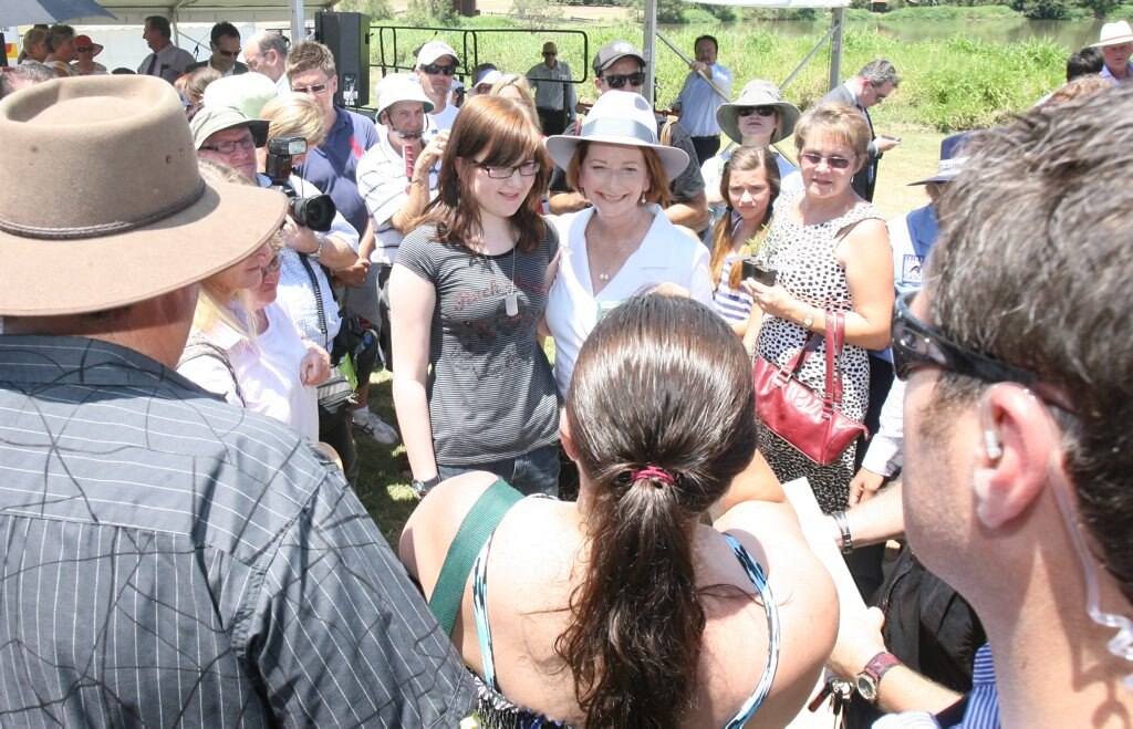 Prime Minister Julia Gillard meets local residents after official proceedings at the Gatton commemorative flood service at the Lockyer Valley Cultural Centre. Photo: Rob Williams / The Queensland Times. Picture: Rob Williams