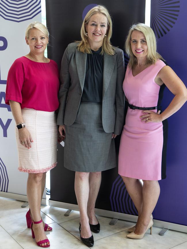 Brisbane Deputy Mayor Krista Adams, QODE chief Jackie Taranto and Innovation Minister Kate Jones at the launch of Curiocity Brisbane 2020, which encompasses QODE.