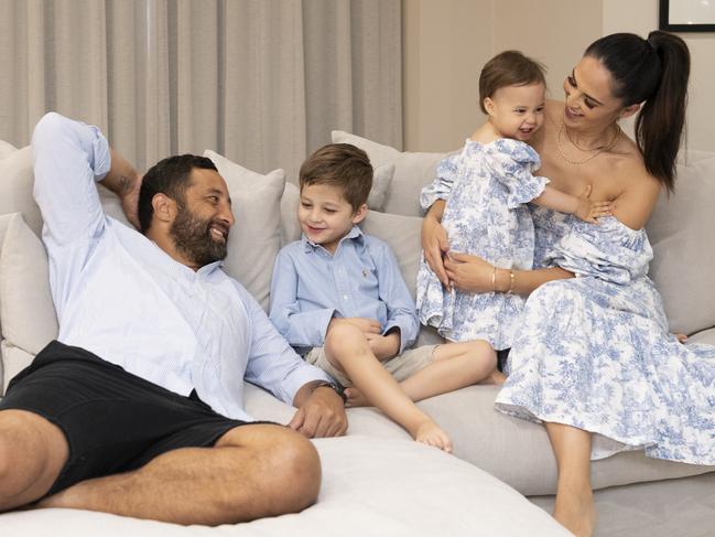 Zoe and Benji Marshall with kids Fox and Ever. Now Wests Tiogers coach, Benji has prioritised being a present father and family man. Picture: Zoom Images