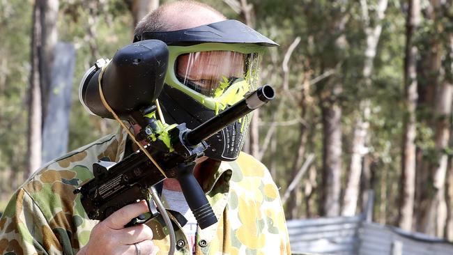 Ken Hinkley and the Port boys took to some paintball during their training camp in Maroochydore, Queensland. Picture: Sarah Reed