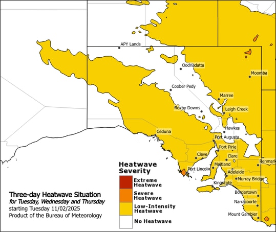 Heatwave Situation for three days starting Tuesday February 11: Picture: Bureau of Meteorology