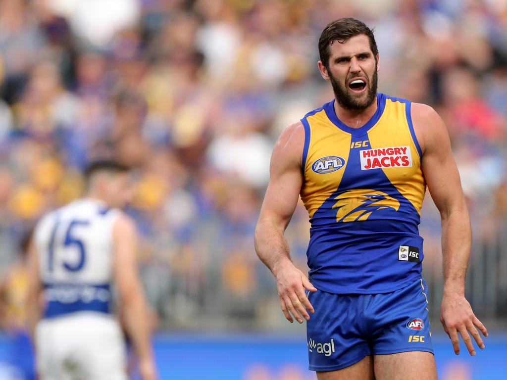 Jack Darling of the Eagles reacts after missing a goal during the Round 19 AFL match between the West Coast Eagles and the North Melbourne Kangaroos at Optus Stadium in Perth, Saturday, July 27, 2019. (AAP Image/Richard Wainwright) NO ARCHIVING, EDITORIAL USE ONLY