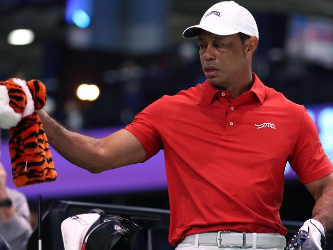 PALM BEACH GARDENS, FLORIDA - JANUARY 27: Tiger Woods of Jupiter Links Golf Club warms up before their TGL presented by SoFi match against the Boston Common Golf at SoFi Center on January 27, 2025 in Palm Beach Gardens, Florida. (Photo by Megan Briggs/TGL/TGL via Getty Images)