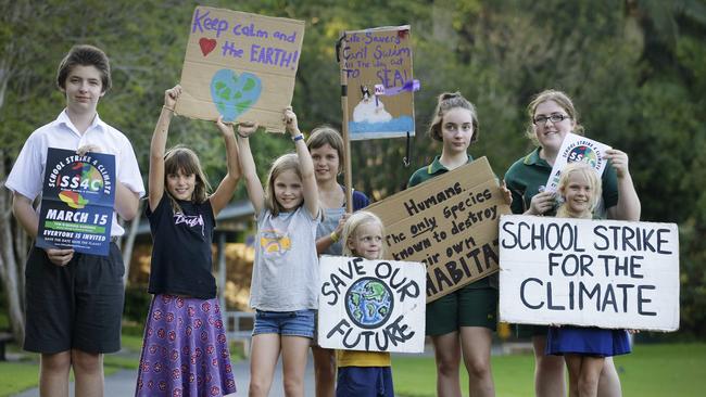 Students preparing to skip school on Friday for climate change strike. Organisers L-R Zac, Norma, Elia, Sunny, Alex, Claudia, Sara and Thea. Wednesday March 13, 2019. Picture: AAP/Megan Slade).