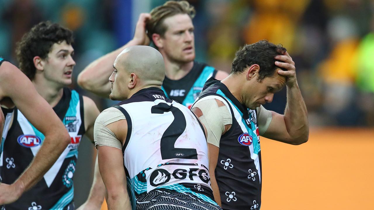 Power players react to their loss against Hawthorn. Picture: Getty Images