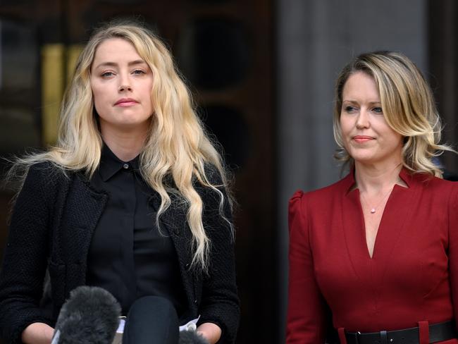 LONDON, ENGLAND - JULY 28: Lawyer Jennifer Robinson (R) with Amber Heard as she gives a statement at the Royal Courts of Justice, the Strand on July 28, 2020 in London, England. Hollywood Actor Johnny Depp is suing News Group Newspapers (NGN) and the Sun's executive editor, Dan Wootton, over an article published in 2018 that referred to him as a "wife beater" during his marriage to actor Amber Heard. (Photo by Karwai Tang/WireImage)