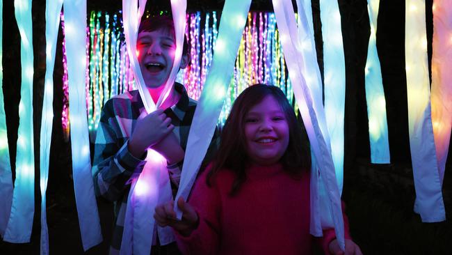 Jackson and Lana Newton-Plater, aged 12 and 8, check out the Vivid Ribbon Tunnel display at Sydney’ Royal Botanic Garden. Picture: Jonathan Ng