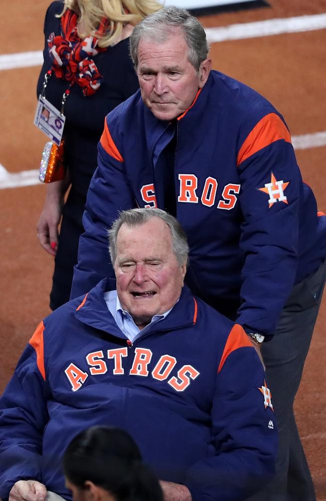 Former Presidents George W. Bush and George H.W. Bush at the 2017 World Series between the Houston Astros and the Los Angeles Dodgers. Picture: Getty.