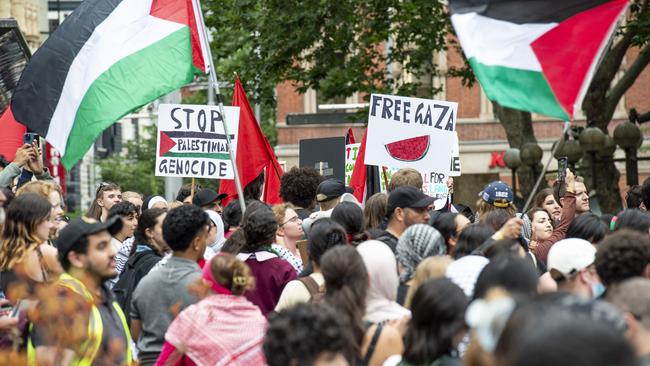 Students from Sydney walk out of high schools across the city to demand justice for Palestine. Picture: NCA NewsWire / Monique Harmer