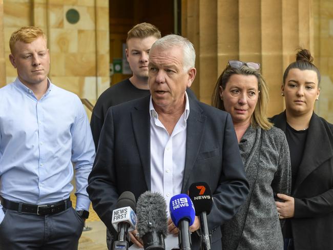 ADELAIDE, AUSTRALIA - NewsWire Photos - JUNE 04, 2024: COURT - DHIRREN RANDHAWA case. Police commissioner Grant Stevens is seen with wife Emma and family to brief journalists at Adelaide Magistrates court. Picture: NewsWire / Roy VanDerVegt