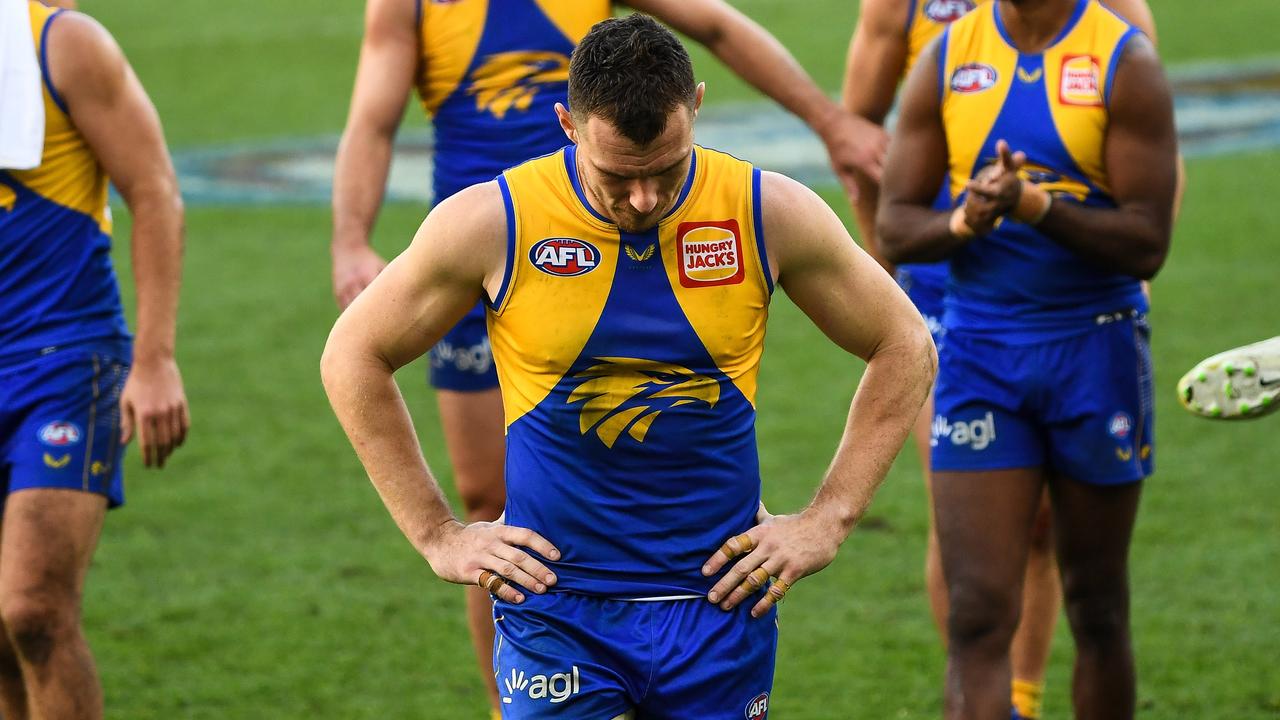 PERTH, AUSTRALIA - JUNE 27: Luke Shuey of the Eagles looks dejected after a loss during the 2021 AFL Round 15 match between the West Coast Eagles and the Western Bulldogs at Optus Stadium on June 27, 2021 in Perth, Australia. (Photo by Daniel Carson/AFL Photos via Getty Images)