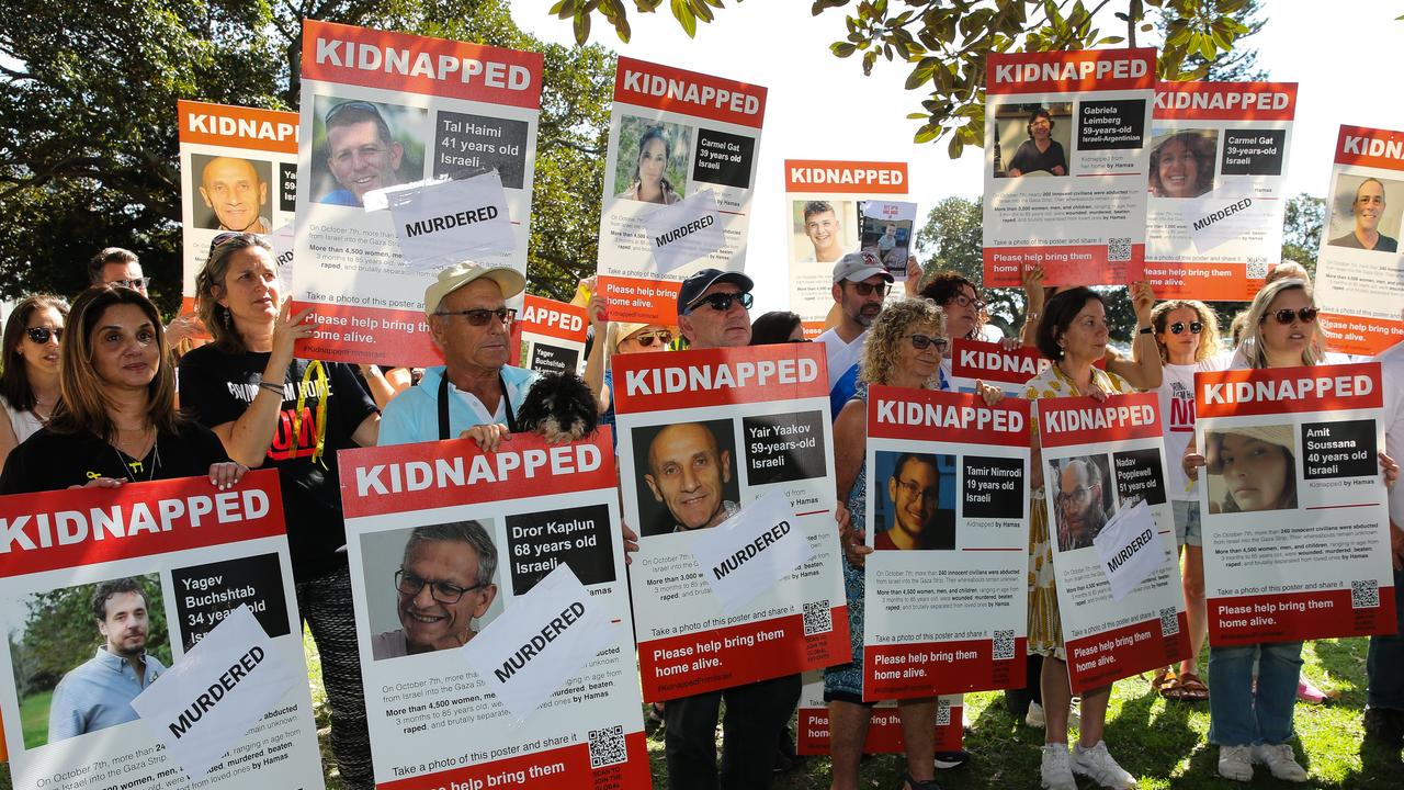 Members of the Australian Jewish community gather for a press conference to mark the one year anniversary of the Hamas terrorist attack in Israel at Double Bay in Sydney. Picture: NewsWire / Gaye Gerard