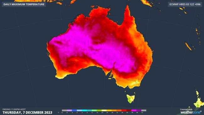 Temperatures in the pink regions are tipped to reach 44C or higher by Thursday. Picture: