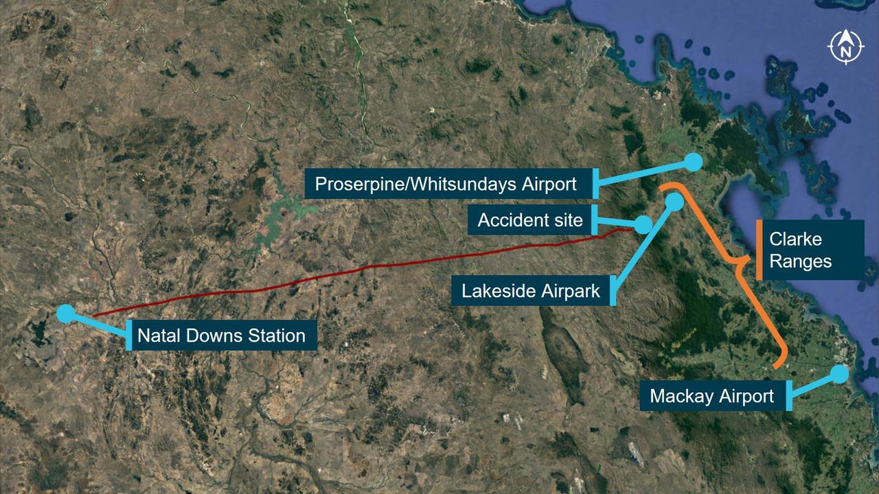 Investigators analysed the flight path of the Piper Cherokee single-engine light aircraft before it crashed at the Clarke Ranges. Picture: Google Earth and Airservices Australia