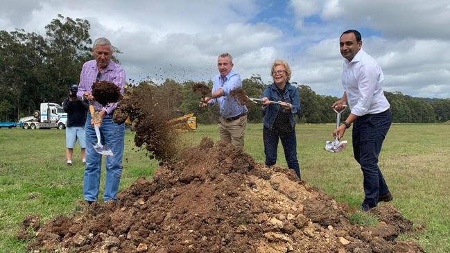 Alastair Milroy, Federal Member for Page Kevin Hogan, Coffs Harbour Mayor Denise Knight and State Member Gurmesh Singh turn the first sod on the Woolgoolga Sports Complex in November last year. Photo by Janine Watson