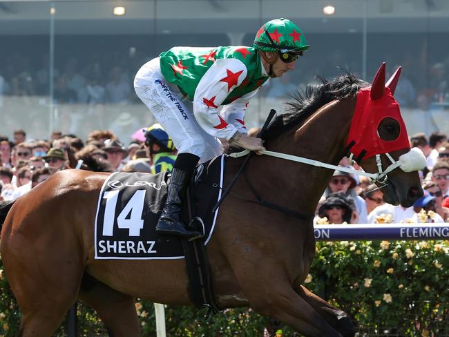 Sheraz (FR) ridden by Beau Mertens on the way to the barriers prior to the running of the Lexus Melbourne Cup at Flemington Racecourse on November 07, 2023 in Flemington, Australia. (Photo by George Sal/Racing Photos via Getty Images)