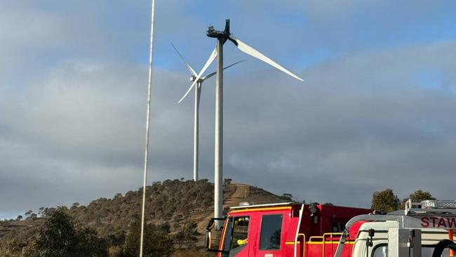 A wind turbine has been destroyed by fire at the Bulgana Green Power Hub. Pictures: supplied (Stawell Fire Brigade).