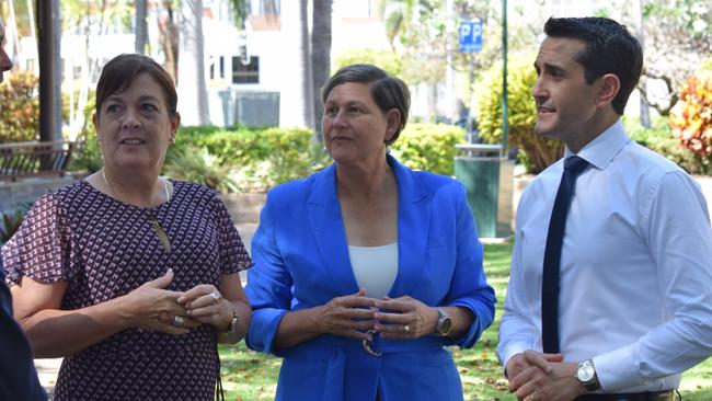 LNP leader David Crisafulli (right) speaks with Natalie Marr and Janelle Poole.