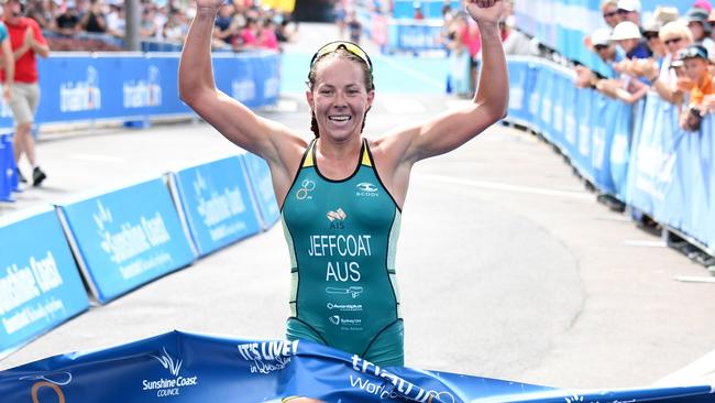 Emma Jeffcoat celebrates victory at Mooloolaba.