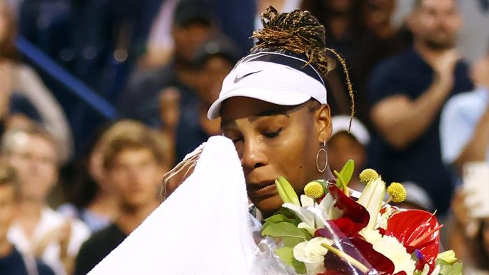 TORONTO, ON - AUGUST 10: Serena Williams of the United States wipes a tear as she leaves the court after losing to Belinda Bencic of Switzerland during the National Bank Open, part of the Hologic WTA Tour, at Sobeys Stadium on August 10, 2022 in Toronto, Ontario, Canada. (Photo by Vaughn Ridley/Getty Images)