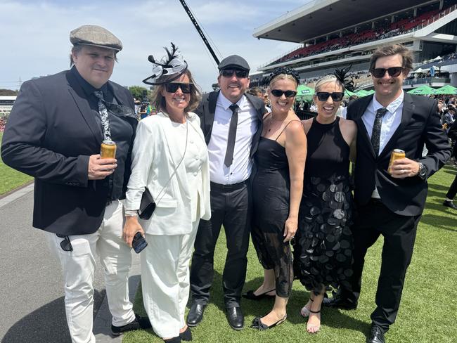 Brent Middleton, Jodie Middleton, Michael Campbell, Laura Standing, Amy Gooch and Mitch Gooch at Flemington for Derby Day on November 2, 2024. Picture: Phillippa Butt