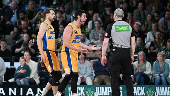 Jason Cadee (centre) questions a referee’s call during Brisbane’s loss to the Jackjumpers. Picture: Steve Bell/Getty Images