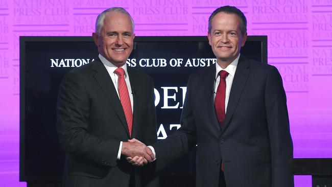 Australian Prime Minister Malcolm Turnbull and opposition leader Bill Shorten shake hands in Canberra. Picture: Tracey Nearmy