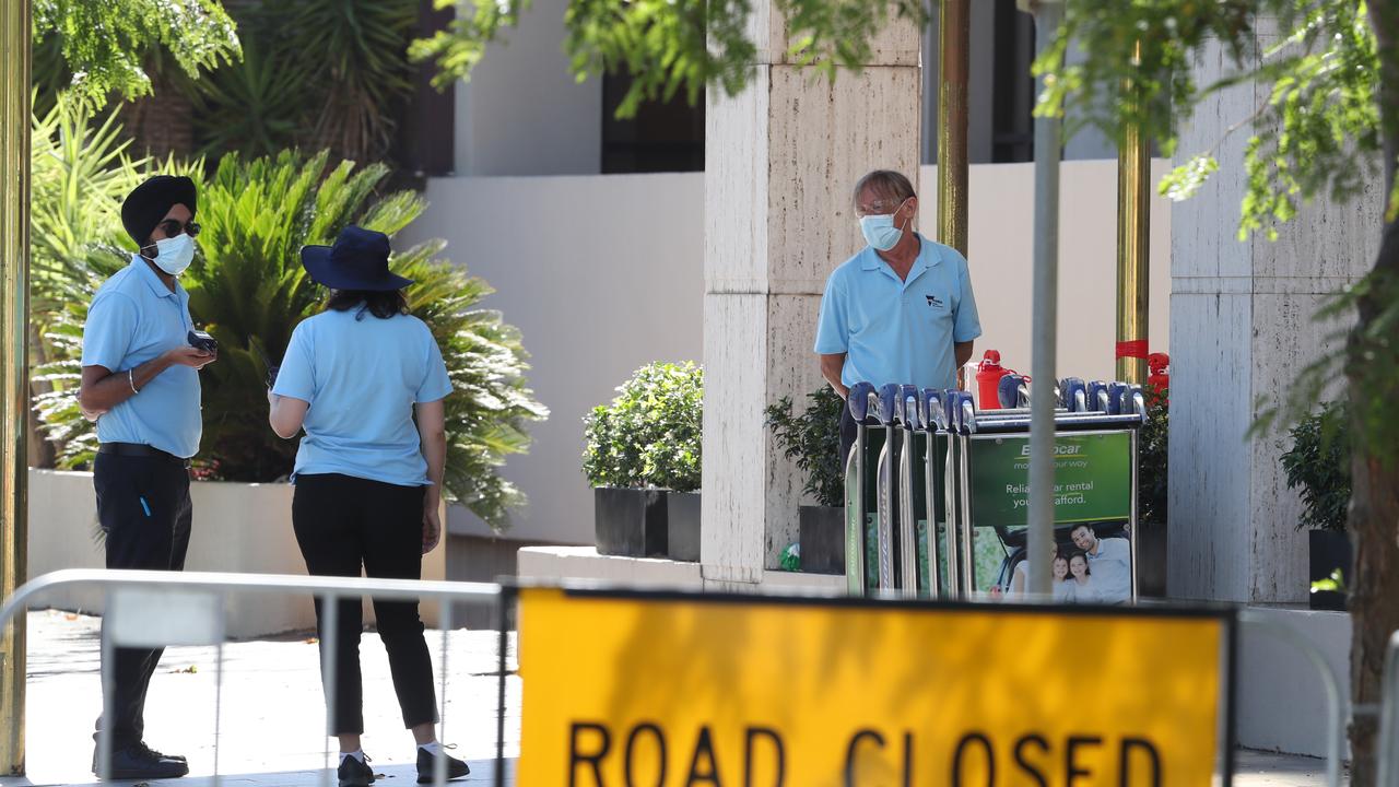 Security keep watch where tennis players are in a quarantine hotel in Melbourne for the Australian Open: Picture: NCA NewsWire/ David Crosling