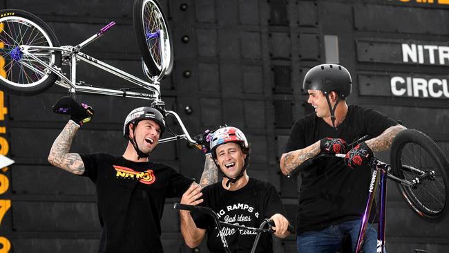 Nitro Circus’ Jaie Toohey, Todd Meyn, Matt Whyatt at Adelaide Oval. Picture: Tricia Watkinson