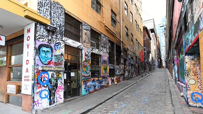 An empty Hosier Lane is seen in Melbourne yesterday. Picture: AAP Image/James Ross