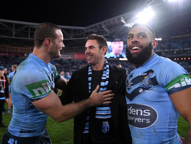 NSW Blues coach Brad Fittler (centre) celebrates with players Boyd Cordner (left) and Josh Addo-Carr during Game 2 of the 2018 State of Origin series between the NSW Blues and the Queensland Maroons at ANZ Stadium in Sydney, Sunday, June 24, 2018. (AAP Image/Dan Himbrechts) NO ARCHIVING, EDITORIAL USE ONLY