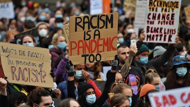 A solidarity protest for George Floyd at Parliament House in Melbourne. Picture: Jason Edwards