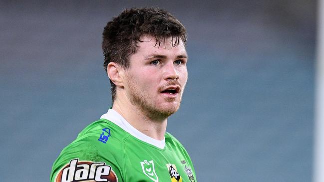 John Bateman of the Raiders looks on after scoring a try during the Round 12 NRL match between the Canterbury Bankstown Bulldogs and the Canberra Raiders at ANZ Stadium in Sydney, Saturday, June 1, 2019. (AAP Image/Dan Himbrechts) NO ARCHIVING, EDITORIAL USE ONLY