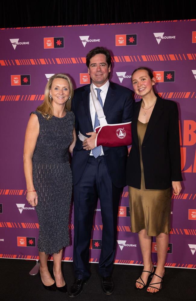 Gillon McLachlan, wife Laura and daughter Edie. Picture: Jason Edwards