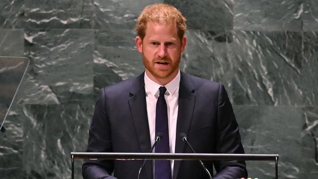 Prince Harry, Duke of Sussex, delivers the keynote address during the 2020 UN Nelson Mandela Prize award ceremony at the United Nations in New York. Picture: Timothy A. Clary / AFP