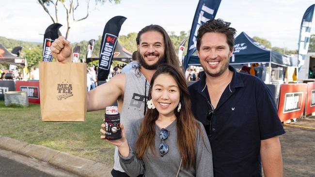 Naphat Panawaranun with Zack Truss (left) and Luke Truss at Meatstock at Toowoomba Showgrounds, Friday, April 8, 2022. Picture: Kevin Farmer