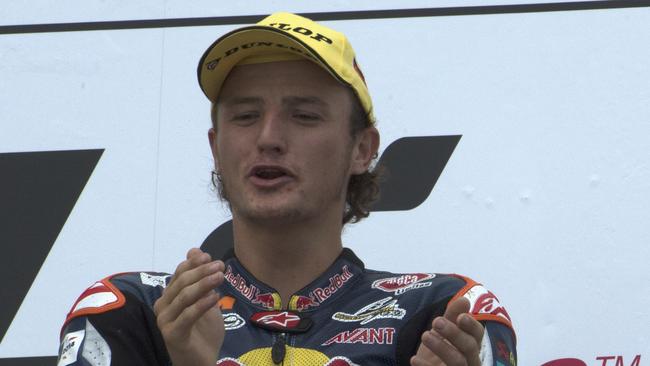 HOHENSTEIN-ERNSTTHAL, GERMANY - JULY 13: Jack Miller of Australia and Red Bull KTM Ajo celebrate the victory on the podium at the end of the Moto3 race during the MotoGp of Germany - Race at Sachsenring Circuit on July 13, 2014 in Hohenstein-Ernstthal, Germany. (Photo by Mirco Lazzari gp/Getty Images)