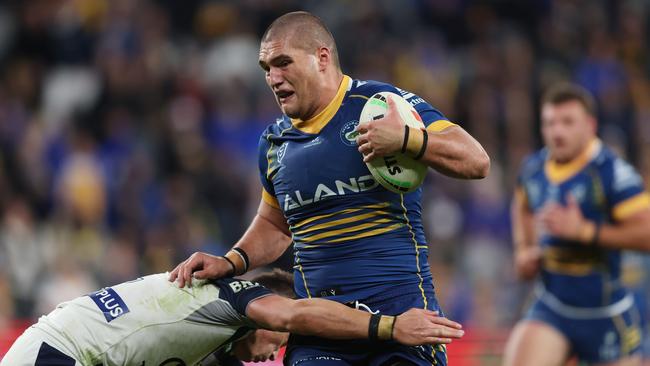 Wiremu Greig of the Eels is tackled during the round 13 NRL match between Parramatta Eels and North Queensland Cowboys at CommBank Stadium on May 26, 2023 in Sydney, Australia. (Photo by Mark Metcalfe/Getty Images)